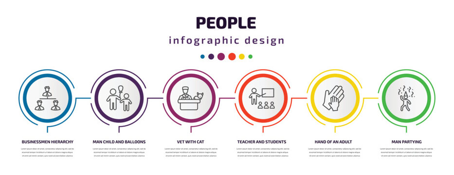 People Infographic Template With Icons And 6 Step Or Option. People Icons Such As Businessmen Hierarchy, Man Child And Balloons, Vet With Cat, Teacher And Students, Hand Of An Adult, Man Partying