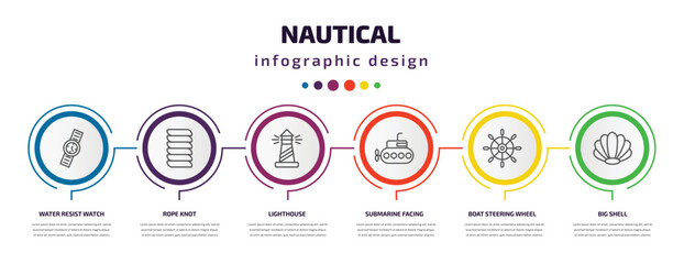 nautical infographic template with icons and 6 step or option. nautical icons such as water resist watch, rope knot, lighthouse, submarine facing right, boat steering wheel, big shell vector. can be