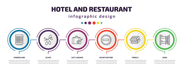 hotel and restaurant infographic template with icons and 6 step or option. hotel and restaurant icons such as vending hine, olives, left-luggage, do not disturb, towels, bunk vector. can be used for