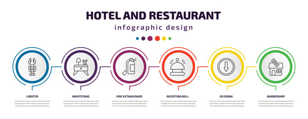hotel and restaurant infographic template with icons and 6 step or option. hotel and restaurant icons such as lobster, nightstand, fire extinguisher, reception bell, go down, barbershop vector. can