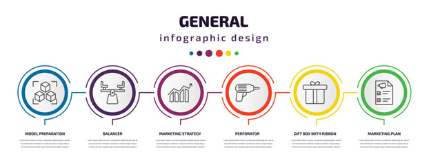 general infographic template with icons and 6 step or option. general icons such as model preparation, balancer, marketing strategy, perforator, gift box with ribbon, marketing plan vector. can be
