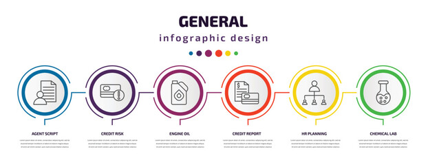 general infographic template with icons and 6 step or option. general icons such as agent script, credit risk, engine oil, credit report, hr planning, chemical lab vector. can be used for banner,