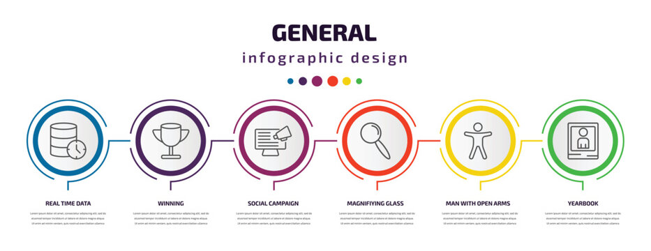 General Infographic Template With Icons And 6 Step Or Option. General Icons Such As Real Time Data, Winning, Social Campaign, Magnifiying Glass, Man With Open Arms, Yearbook Vector. Can Be Used For