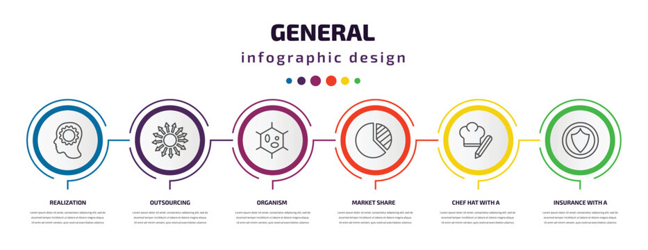 general infographic template with icons and 6 step or option. general icons such as realization, outsourcing, organism, market share, chef hat with a pencil, insurance with a button vector. can be