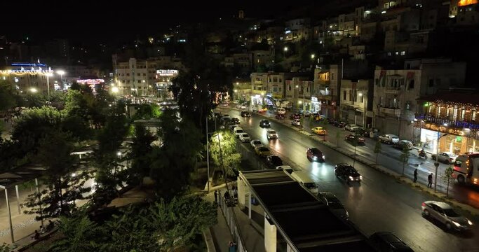 Aerial footage on a busy boulevard downtown Amman.