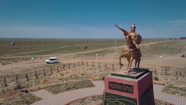 Monument To The Kazakh Hero Aidarbek Botyr And Panorama Of Aralsk, Aerial View