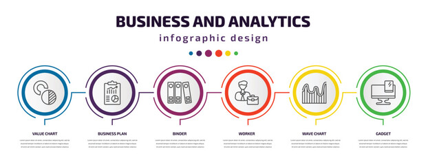 business and analytics infographic template with icons and 6 step or option. business and analytics icons such as value chart, business plan, binder, worker, wave chart, gadget vector. can be used