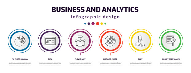 business and analytics infographic template with icons and 6 step or option. business and analytics icons such as pie chart diagram, data, flow chart, circular chart, debt, binary data search