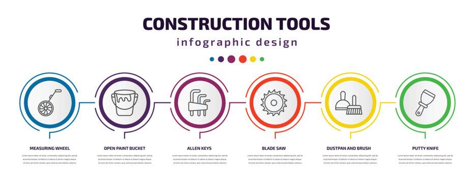 construction tools infographic template with icons and 6 step or option. construction tools icons such as measuring wheel, open paint bucket, allen keys, blade saw, dustpan and brush, putty knife