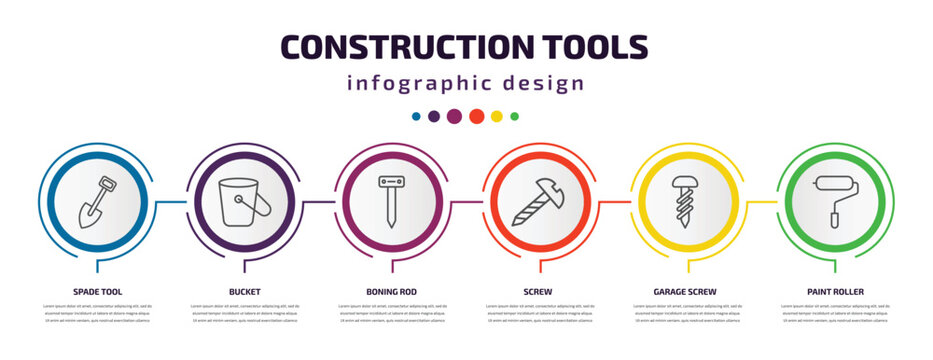 construction tools infographic template with icons and 6 step or option. construction tools icons such as spade tool, bucket, boning rod, screw, garage screw, paint roller vector. can be used for