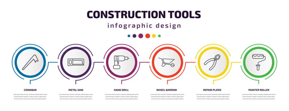 construction tools infographic template with icons and 6 step or option. construction tools icons such as crowbar, metal saw, hand drill, wheel barrow, repair pliers, painter roller vector. can be