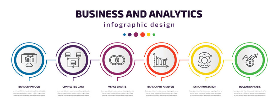 Business And Analytics Infographic Template With Icons And 6 Step Or Option. Business And Analytics Icons Such As Bars Graphic On Screen, Connected Data, Merge Charts, Bars Chart Analysis,