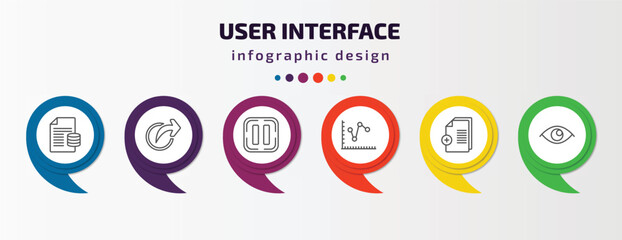 user interface infographic template with icons and 6 step or option. user interface icons such as data analytics content, share, pause, multiple variable lines, new file, visible vector. can be used