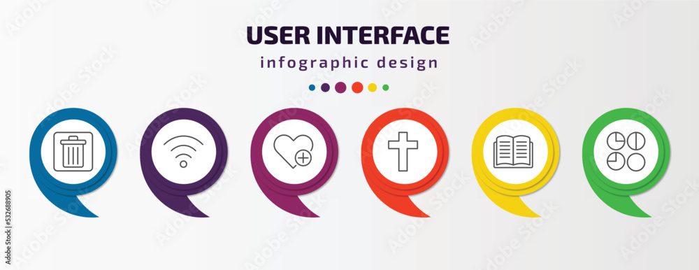 Poster user interface infographic template with icons and 6 step or option. user interface icons such as delete bin, connection, add a like, cross, open diary, round loading progress vector. can be used