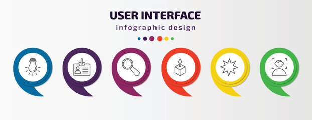 user interface infographic template with icons and 6 step or option. user interface icons such as tungsten, personal credentials, looking, extract button, pointed star, face detection vector. can be
