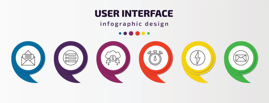 user interface infographic template with icons and 6 step or option. user interface icons such as letter envelope, list button, digital currency, stopwatches, lightning flash, email envelope button