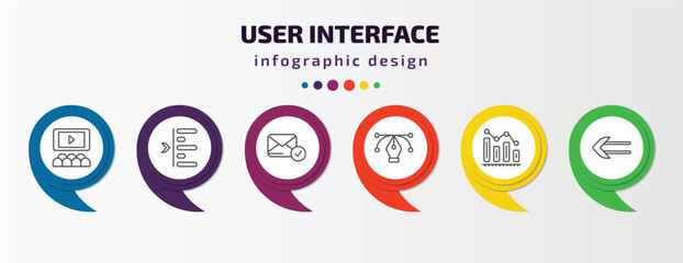user interface infographic template with icons and 6 step or option. user interface icons such as hall, left side alignment, postal, anchor point, decreasing bars chart, slim left vector. can be