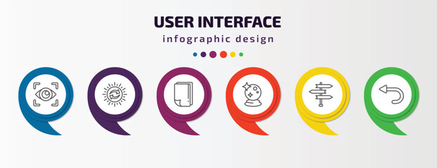 user interface infographic template with icons and 6 step or option. user interface icons such as viewer, solar recycle, white paper, psychic, road, left curve vector. can be used for banner, info