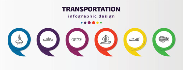transportation infographic template with icons and 6 step or option. transportation icons such as army airplane, patrol car, cabriolet, yawl, wrecker, zeppelin vector. can be used for banner, info © Farahim