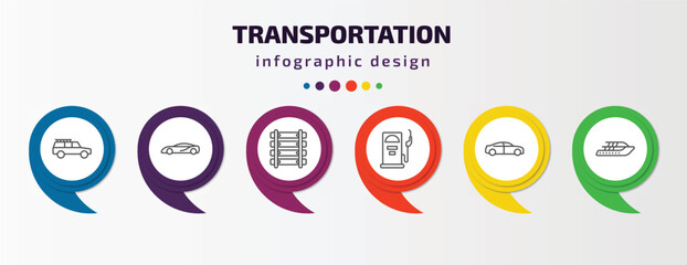 transportation infographic template with icons and 6 step or option. transportation icons such as off road, sports car, railway line, fuel dispenser, sedan, yacht vector. can be used for banner,