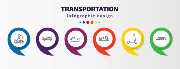 transportation infographic template with icons and 6 step or option. transportation icons such as inline skates, military helicopter, cruiser, caboose, kick scooter, limousine vector. can be used