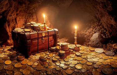 Obraz premium Old pirate treasure chest hidden in a cave, many gold coins and lights, 3d illustration