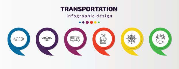 transportation infographic template with icons and 6 step or option. transportation icons such as suv, hang glider, camper car, tram front view, ship helm, boat front view vector. can be used for