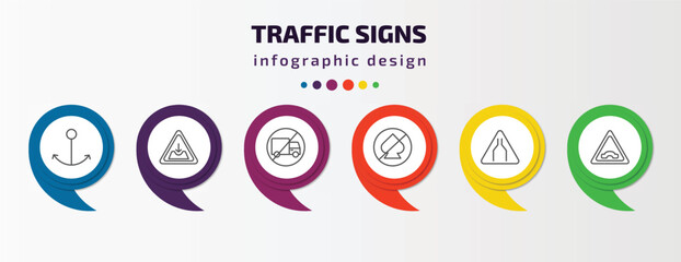 traffic signs infographic template with icons and 6 step or option. traffic signs icons such as port, pothole, no trucks, no gambling, narrow road, bridge road vector. can be used for banner, info