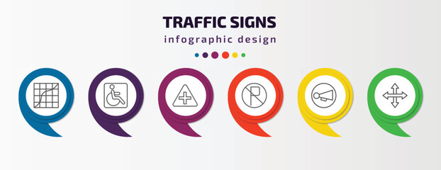 traffic signs infographic template with icons and 6 step or option. traffic signs icons such as curves, handicap, intersection, no parking, horn, crossroads vector. can be used for banner, info