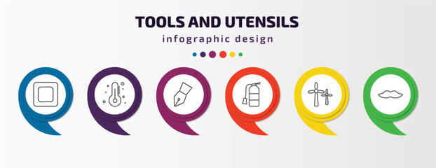 tools and utensils infographic template with icons and 6 step or option. tools and utensils icons such as basic square, thermometers, ink pen, flame extinguisher, windmills, moustaches vector. can