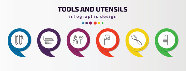 tools and utensils infographic template with icons and 6 step or option. tools and utensils icons such as writing tool, air conditioning, tools utensils, top load washer, large spoon, hanging ladder