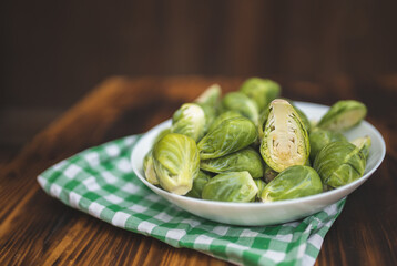 Close-up of Brussels sprouts in a plate. Green Brussels sprouts. Healthy Eating. Diet. healthy food...