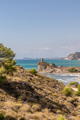 Cliffs and Mediterranean sea in the south of Spain. White coast Spain. Valencian Community.