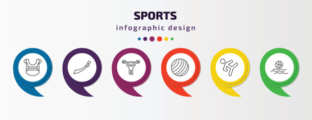 sports infographic template with icons and 6 step or option. sports icons such as chest guard, saber, weight lifting, gym ball, taekwondo, waterpolo vector. can be used for banner, info graph, web,