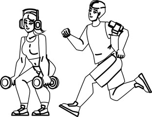 sport music line pencil drawing vector. lifestyle workout, exercise people, athlete training sport music character. people Illustration