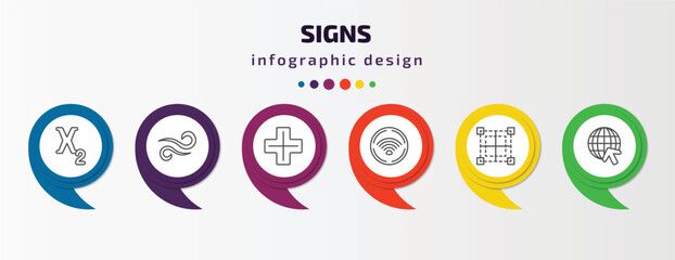 signs infographic template with icons and 6 step or option. signs icons such as subscript, wind, addition thick, wireless network, borders, internet vector. can be used for banner, info graph, web,