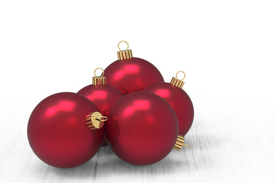 luminous red christmas balls with golden hangers isolated translucent floor shadow- copy space - 3d illustration rendering

