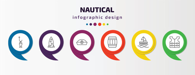 nautical infographic template with icons and 6 step or option. nautical icons such as fish shaped bait, one suroard, sailor cap, big barrel, wood raft, vest vector. can be used for banner, info