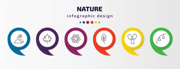 nature infographic template with icons and 6 step or option. nature icons such as hills, maple, dahlia, spear shaped, eastern cottonwood tree, bluebell vector. can be used for banner, info graph, - obrazy, fototapety, plakaty