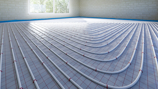 Underfloor heating - distribution of pipes on the surface - assembly of the installation - 3d illustration