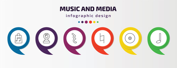 music and media infographic template with icons and 6 step or option. music and media icons such as music store, webcam video call, quarter note rest, natural, dvd disc, quarter note vector. can be