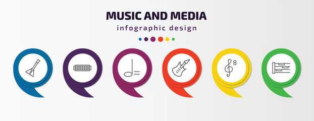 music and media infographic template with icons and 6 step or option. music and media icons such as balalaika, harmonica, minim, bass guitar, octave clef, whole rest vector. can be used for banner, - obrazy, fototapety, plakaty