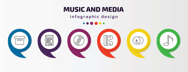 music and media infographic template with icons and 6 step or option. music and media icons such as image archive, newspaper report, cd, alto clef, cymbals, semiquaver vector. can be used for