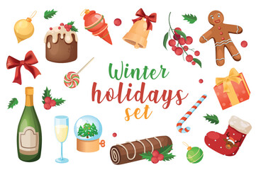 Winter holidays 3d realistic set. Vector illustration isolated elements