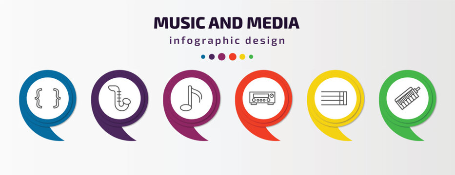 music and media infographic template with icons and 6 step or option. music and media icons such as brace, saxophone, sixteenth note, amplifier, bold double bar line, melodica vector. can be used