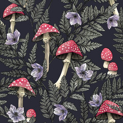 Watercolor fly agaric and hellebore pattern.Colorful seamless halloween pattern. Perfect for greetings, invitations, manufacture wrapping paper, textile and web design. Watercolor dark gothic pattern.