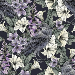 Watercolor raven and poison flowers pattern.Colorful seamless halloween pattern. Perfect for greetings, invitations, manufacture wrapping paper, textile and web design. Watercolor dark gothic pattern.