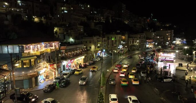 Aerial footage on a busy boulevard downtown Amman.