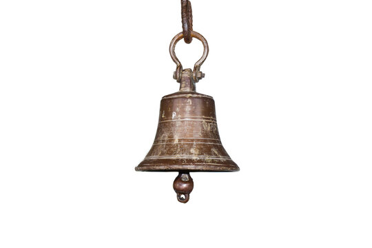 Ringing the old bell in the temple, golden metal old bell isolated on white background