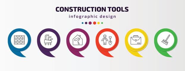 construction tools infographic template with icons and 6 step or option. construction tools icons such as brick wall, allen keys, home repair, working shovel, businessman portfolio, cleaning mop